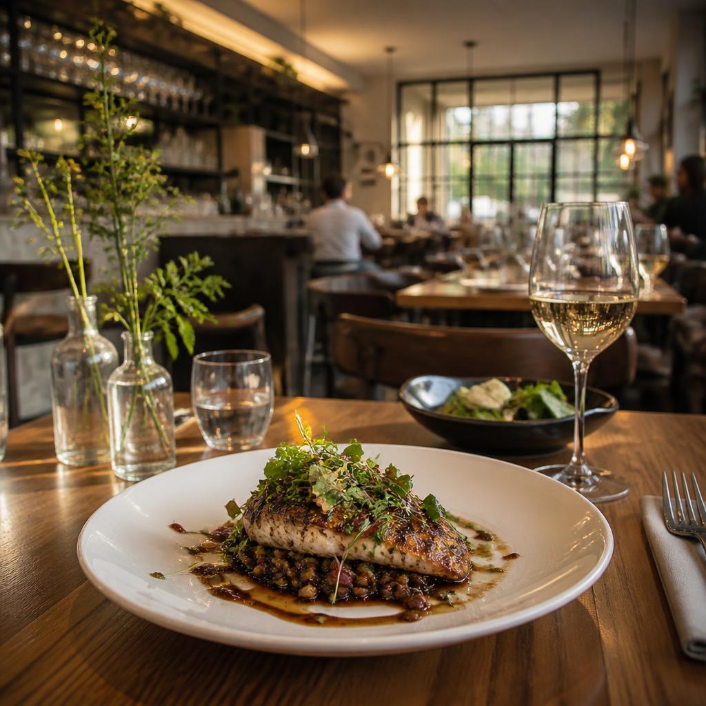 Salle d'un restaurant moderne avec une assiette dressée